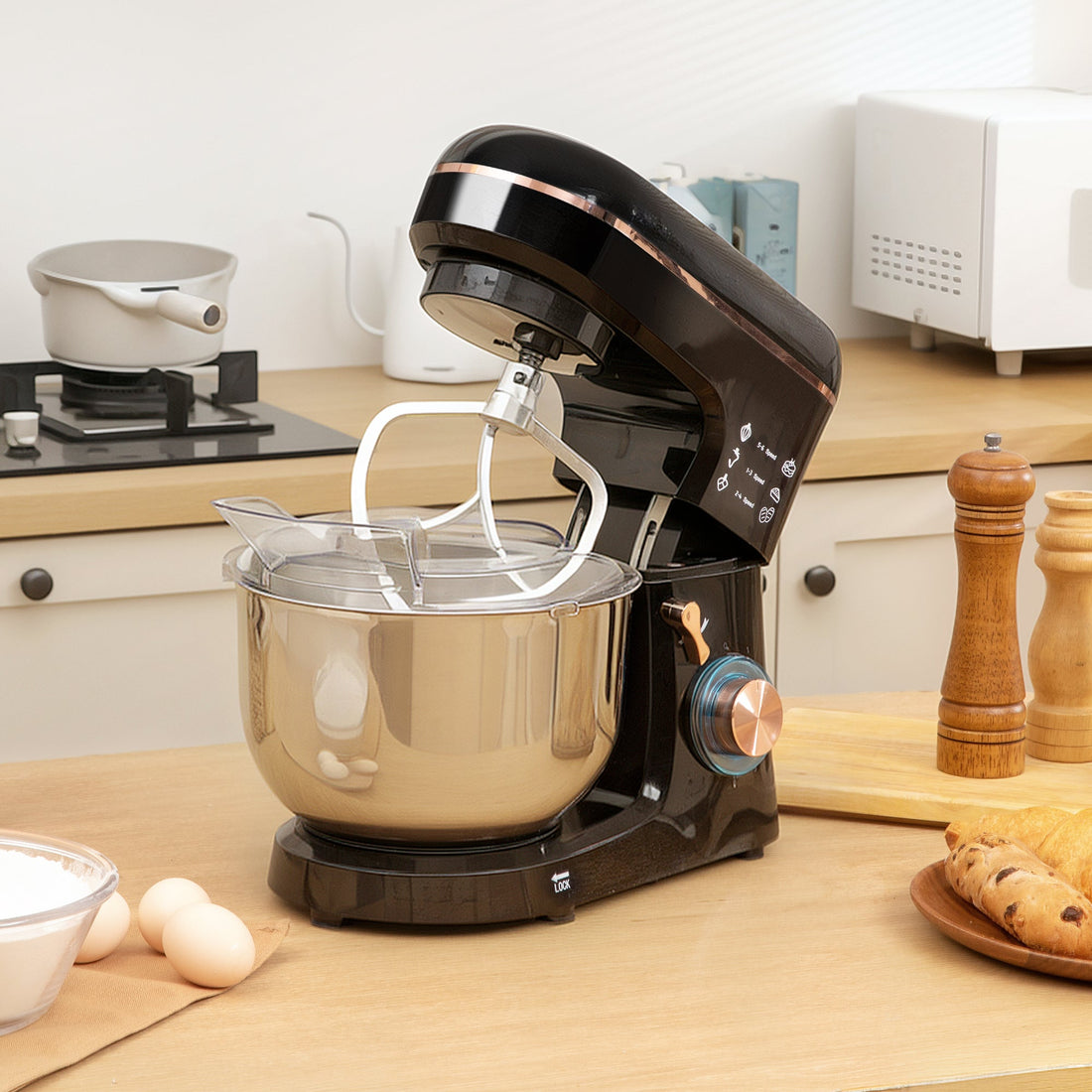 Stand Mixer, 5L Food Mixer for Baking, 6 Speeds and Pulse Setting, 1400W Cake Electric Kitchen Mixer with Dough Hook, Whisk, Stainless Steel Bowl, Splash Guard, Beater, Black