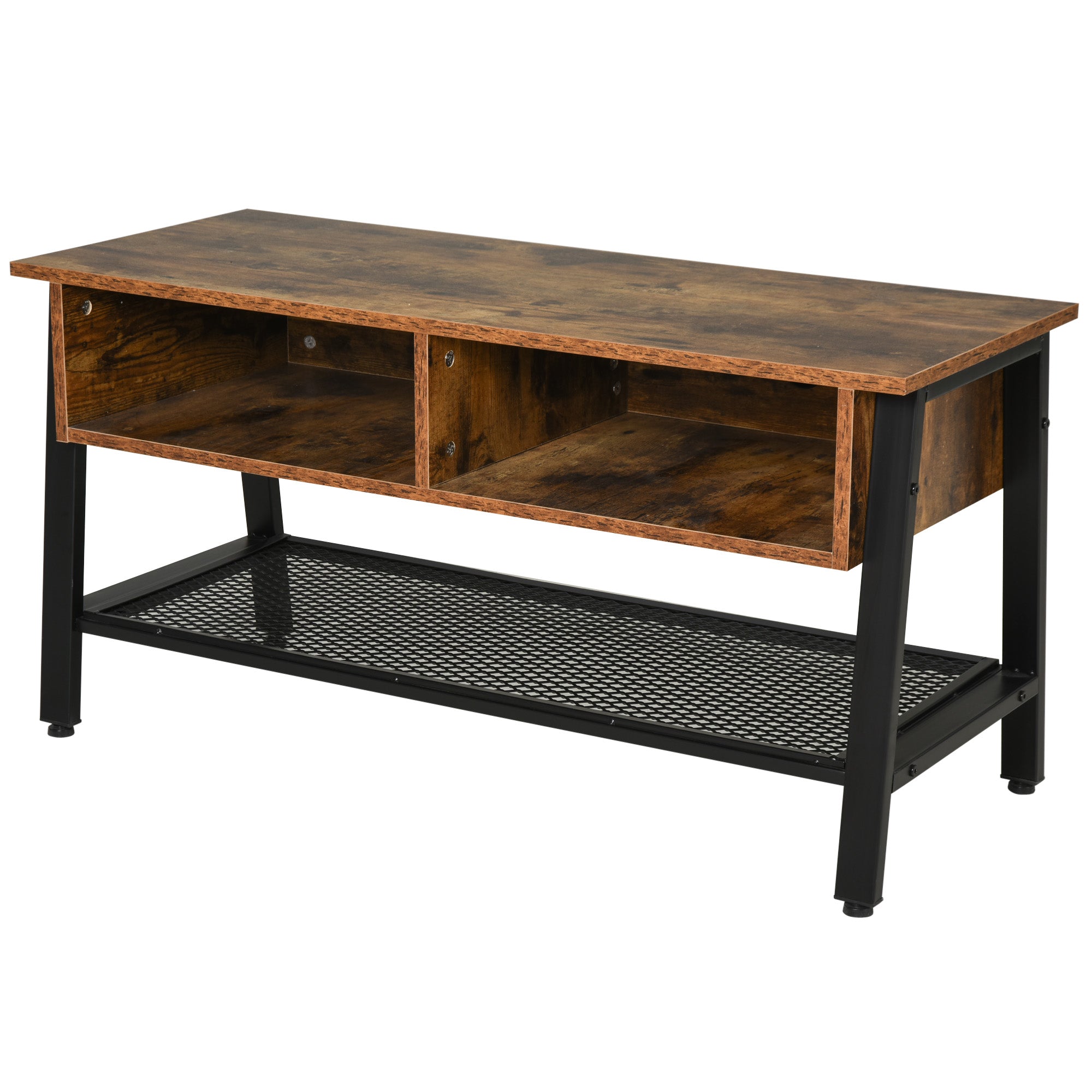 TV Stand Cabinet, Industrial TV Unit for TVs up to 45", 100cm TV Cabinet with 2 Open Compartments and Mesh Bottom Shelf for Living Room, Rustic Brown