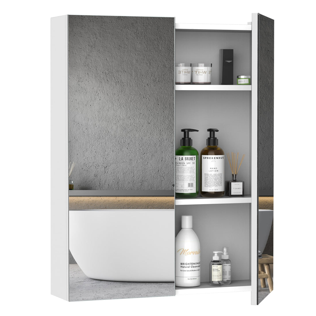 Mirror Cabinet, Wall Mount Bathroom Storage Cabinet with Adjustable Shelf, Double Door Cupboard, 60 x 15 x 75 cm, White