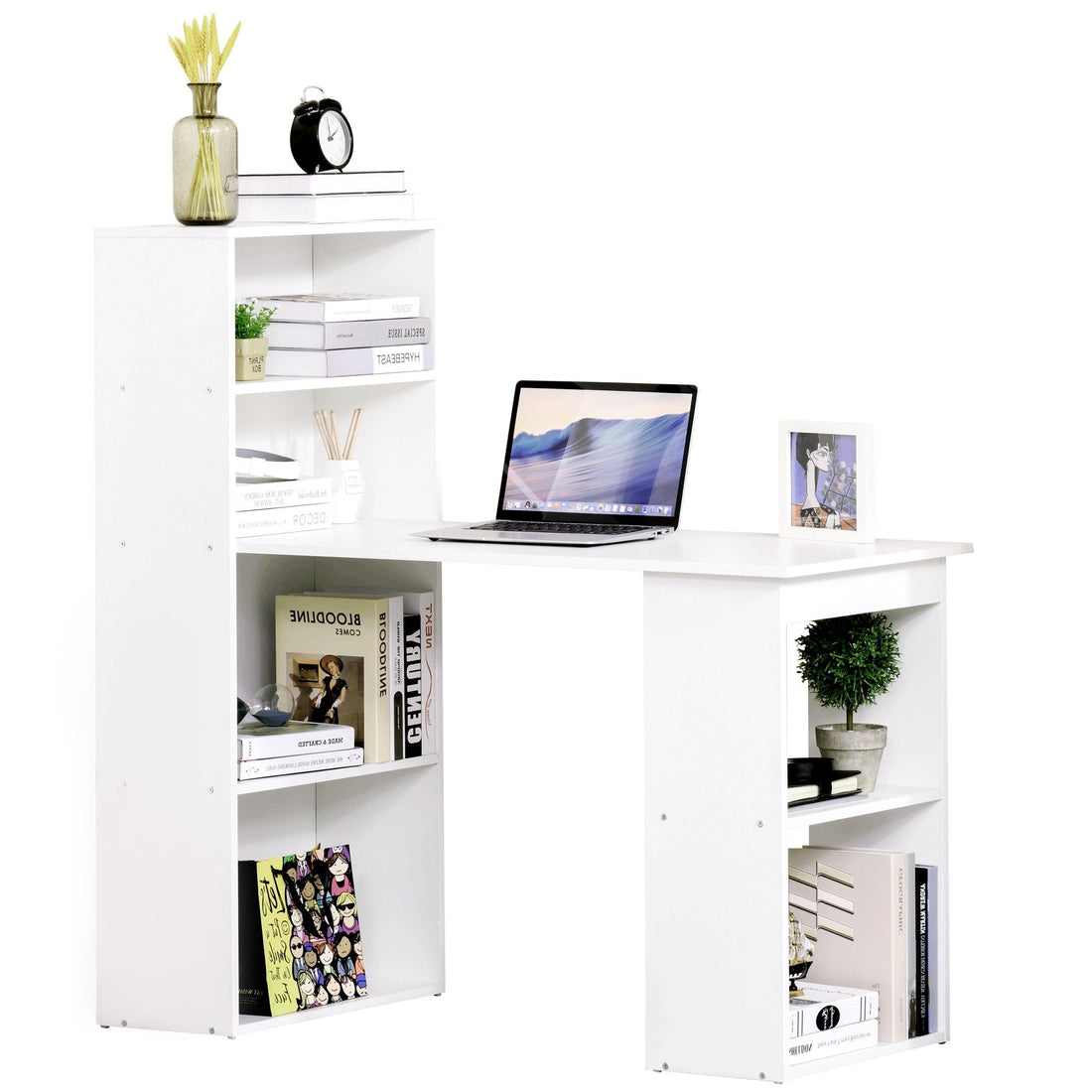 120cm Computer Desk, Wooden PC Laptop Table with 6-Tier Storage Bookshelves, Home Office Working Study Desk, Writing Workstation, White