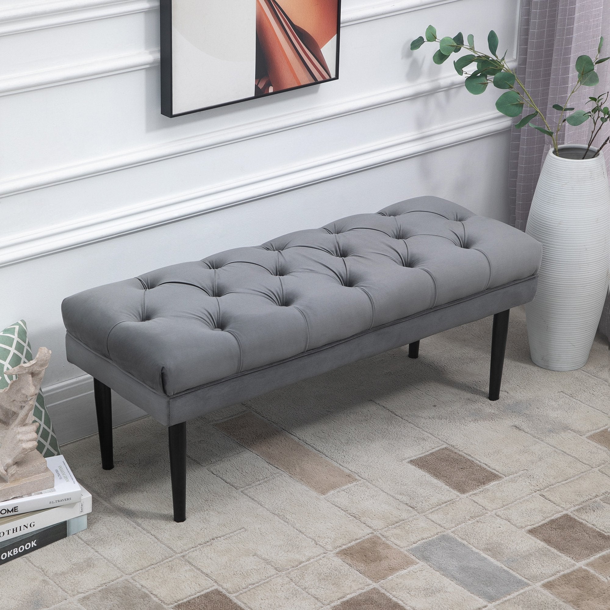 Velvet Bed End Bench, Button Tufted Window Seat, Hallway Shoe Bench, Upholstered Accent Lounge Chair Stool for Living Room, Bedroom, Grey