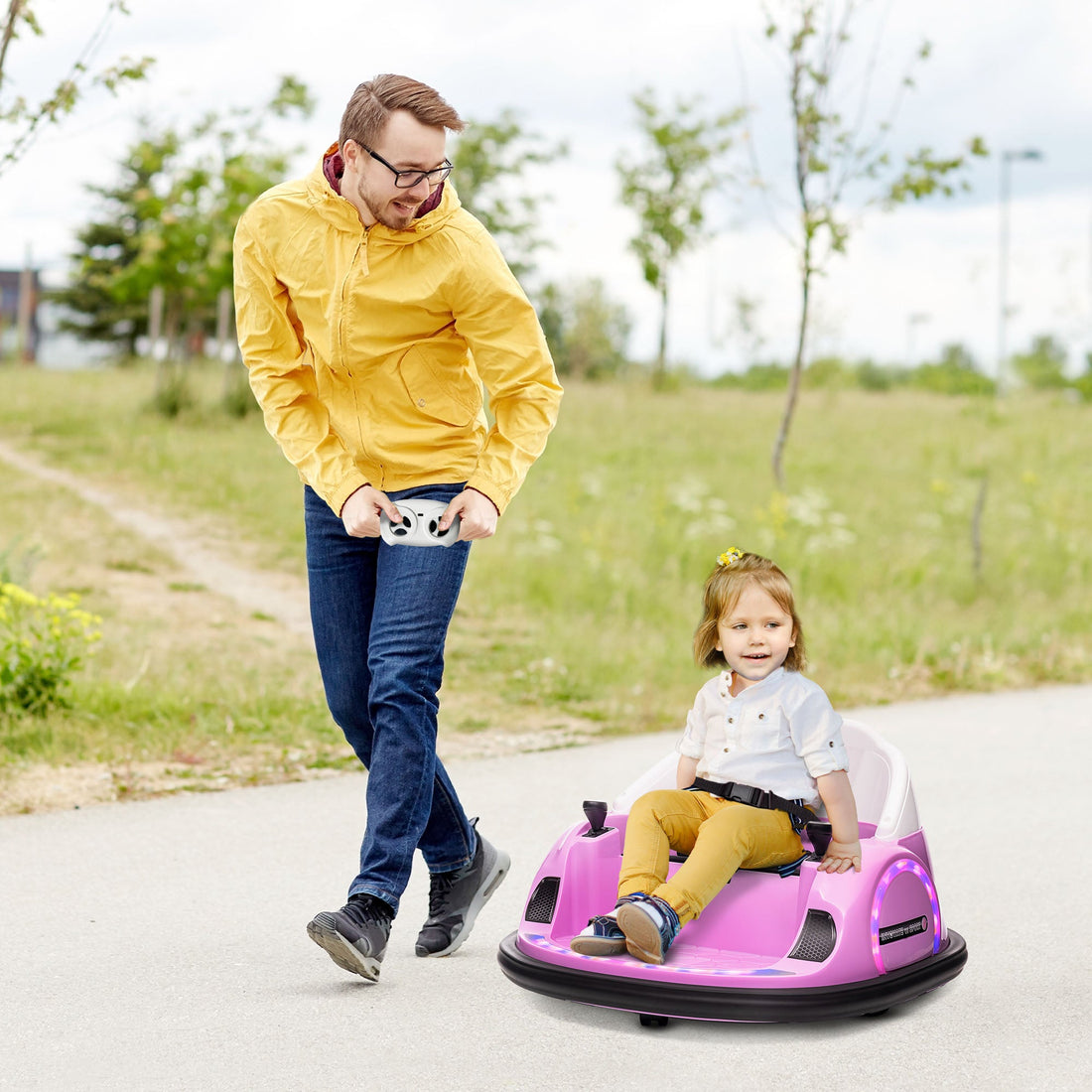 360° Rotation Kids Bumper Car, 12V Waltz Car with Remote Control, Dual Joystick, Music, Lights, Pink