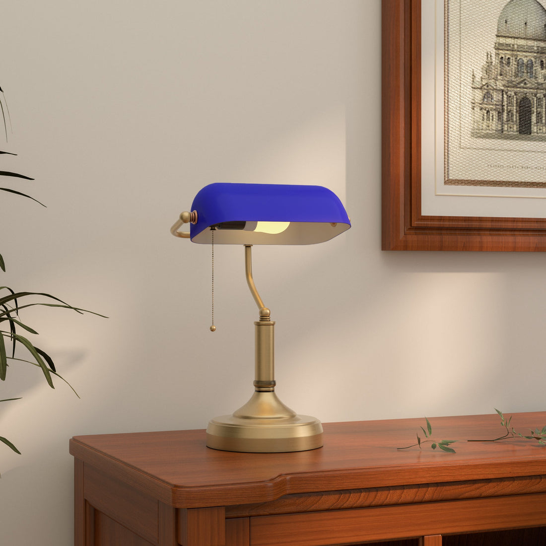 HOMCOM Banker's Desk Lamp with Antique Bronze Tone Base, Table Lamp with Blue Glass Shade for Home Office, Blue