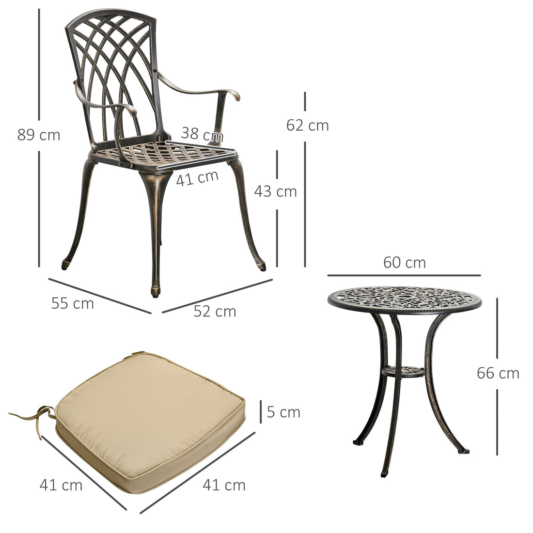 3pc Cast Aluminium Garden Bistro Set for 2 with Parasol Hole, Outdoor Coffee Table Set Rust Resistant with Cushions, Bronze