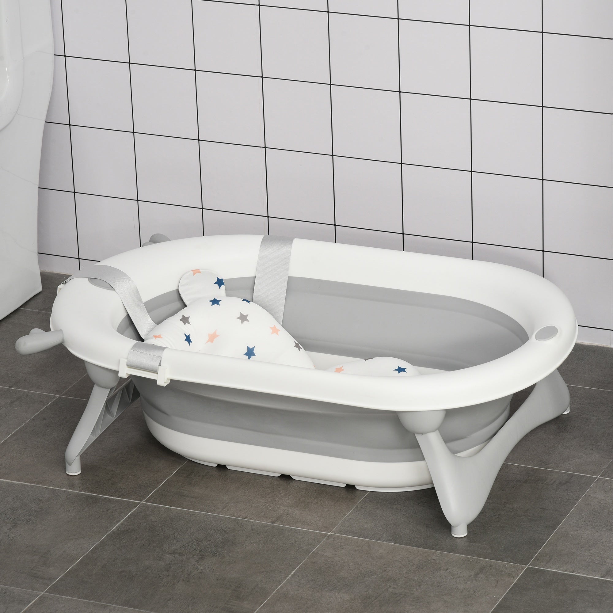 Foldable Baby Bathtub Set, Collapsible Bath Tub with Thermostatic Water Plug, Non-Slip Support, Cushion Pad, Drain Plugs, for Newborn to 3 Years - Offwhite