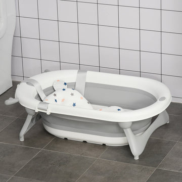 Foldable Baby Bathtub Set, Collapsible Bath Tub with Thermostatic Water Plug, Non-Slip Support, Cushion Pad, Drain Plugs, for Newborn to 3 Years - Offwhite