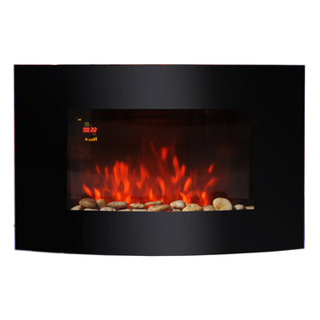 Led Wall Mounted Fireplace Curved Glass Electric Fire Place Fire Place 7 Colour Side Lights Slimline, 1000/2000W, 89.2cm x 48cm