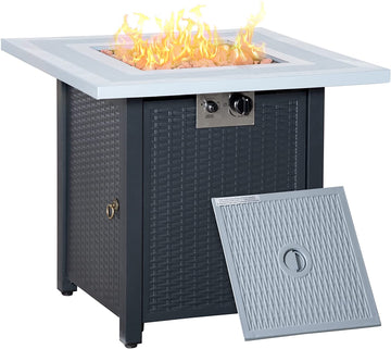 Square Propane Gas Fire Pit Table, 40000 BTU Rattan Smokeless Firepit Patio Heater with Lava Rocks and Lid, 71cm x 71cm x 62cm, Black