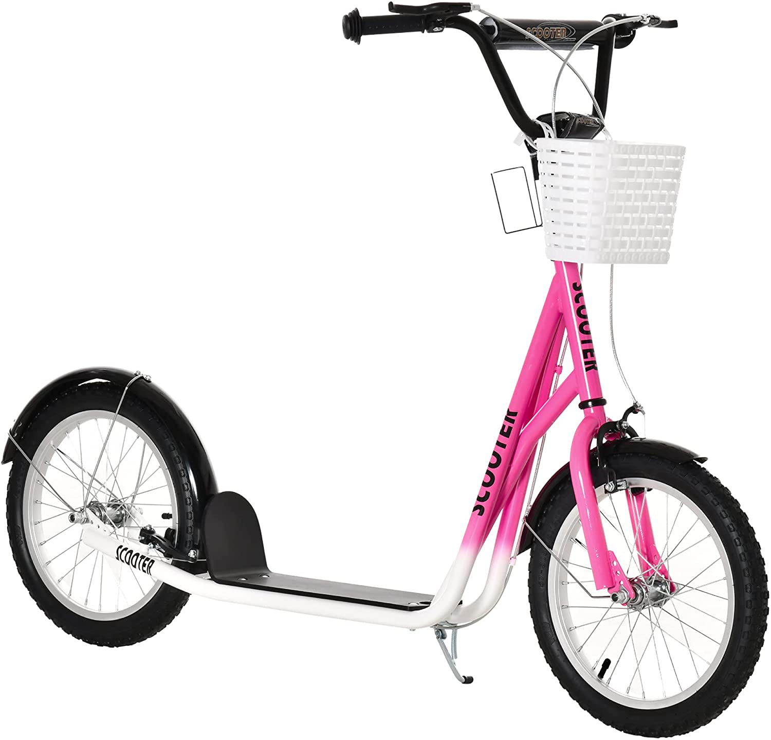 Kids Scooter, Kick Stunt Scooter with Adjustable Handlebar, Dual Brakes, Basket, Cupholder, Mudguard, 16" Inflatable Rubber Wheels, for 5-12 years, Pink