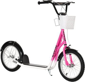Kids Scooter, Kick Stunt Scooter with Adjustable Handlebar, Dual Brakes, Basket, Cupholder, Mudguard, 16" Inflatable Rubber Wheels, for 5-12 years, Pink