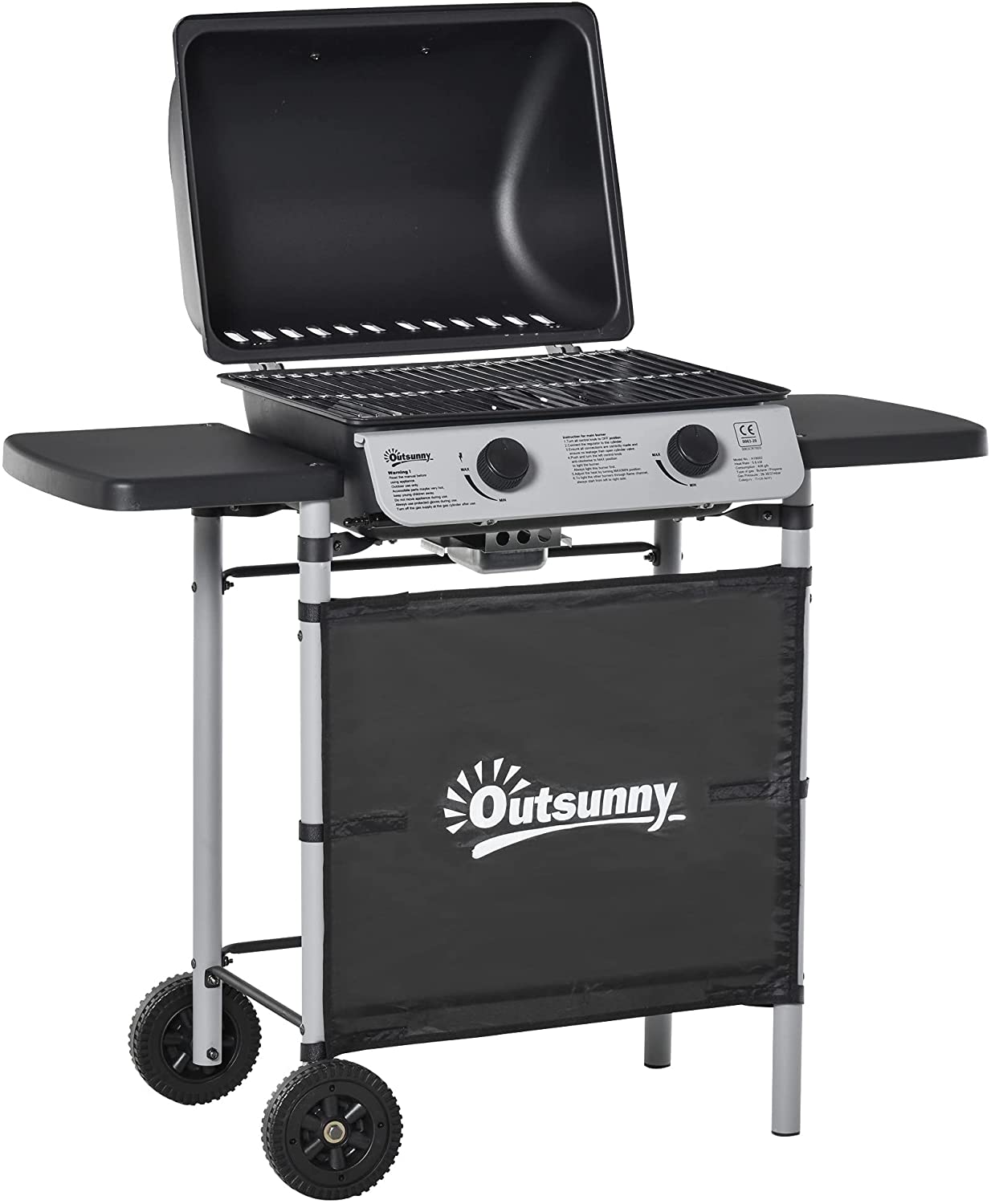 2 Burner Gas BBQ Trolley with Lid, 5.6 kW Gas Barbecue Grill with Wheels, Side Shelves, Black