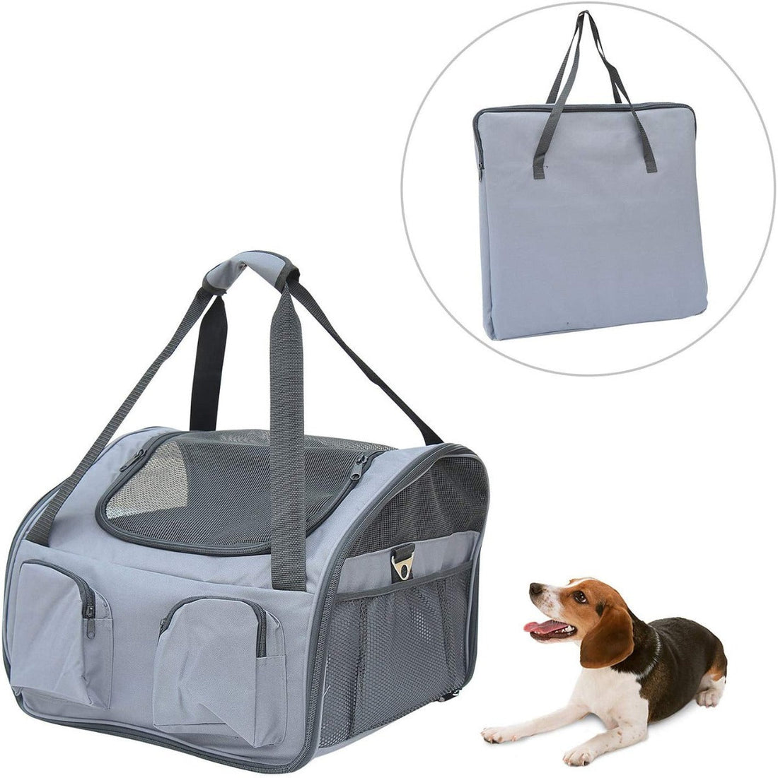 Pet Carrier Folding Bag Car Seat Cat Dog Puppy Kennel Portable Travel Cage Tote Case Mesh Holder House Grey