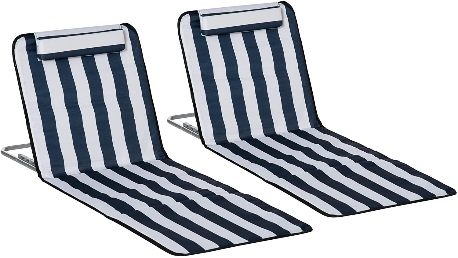 Set of 2 Foldable Garden Beach Chair Mat Lightweight Outdoor Sun Lounger Seats Adjustable Back Metal Frame PE Fabric Head Pillow w/ Carry Bag, Blue