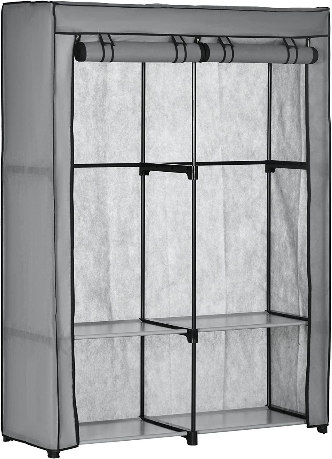 Steel Frame Fabric Wardrobe, with Rail and Shelves - Light Grey