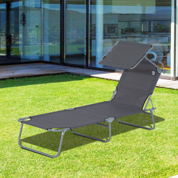Outdoor Foldable Sun Lounger, 4 Level Adjustable Backrest Reclining Sun Lounger Chair with Angle Adjust Sun Shade Awning for Beach, Garden, Patio, Grey