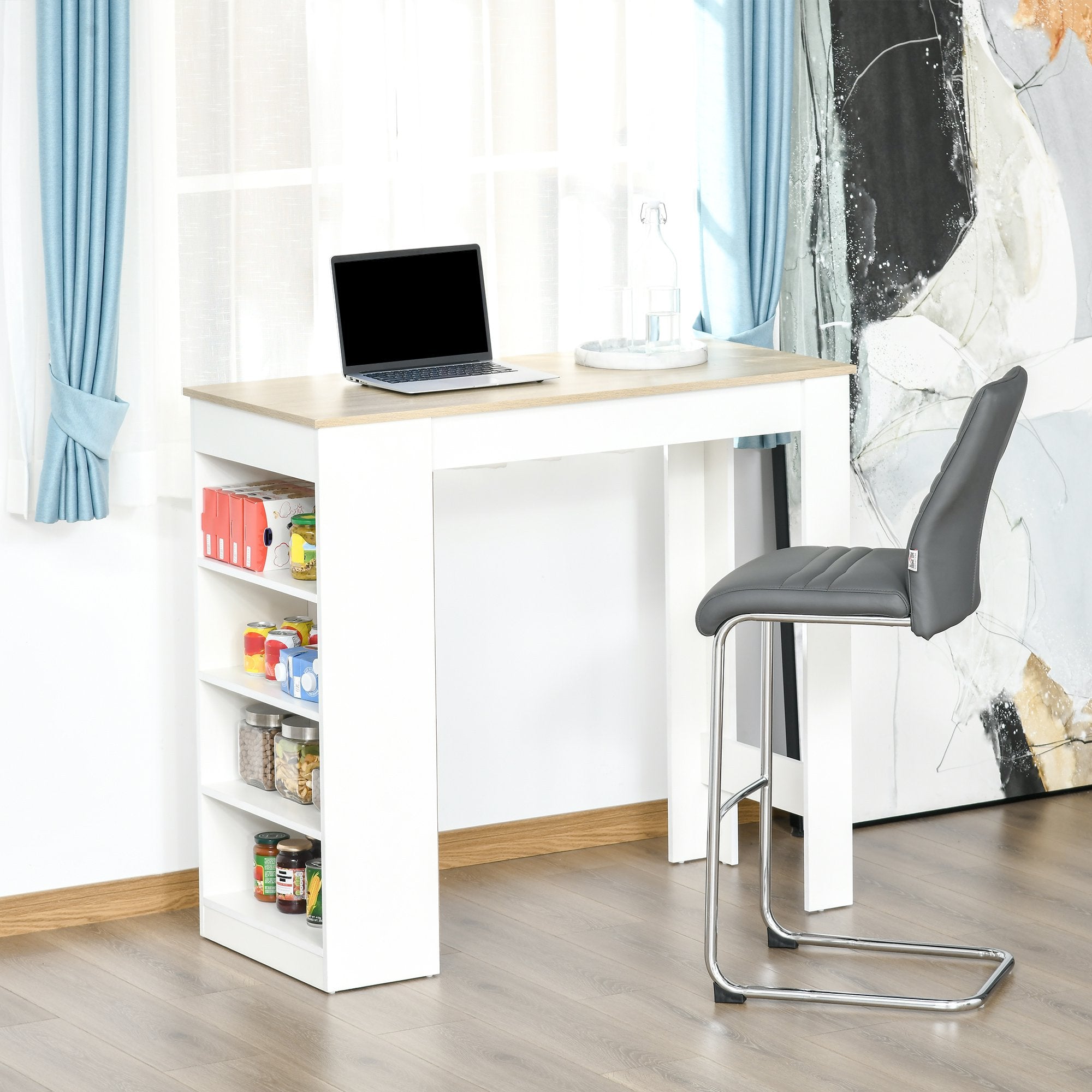 Bar Table, Dining Table with 4-Tier Storage Shelf for Breakfast Bar, Kitchen, Dining Room, Living Room, Natural