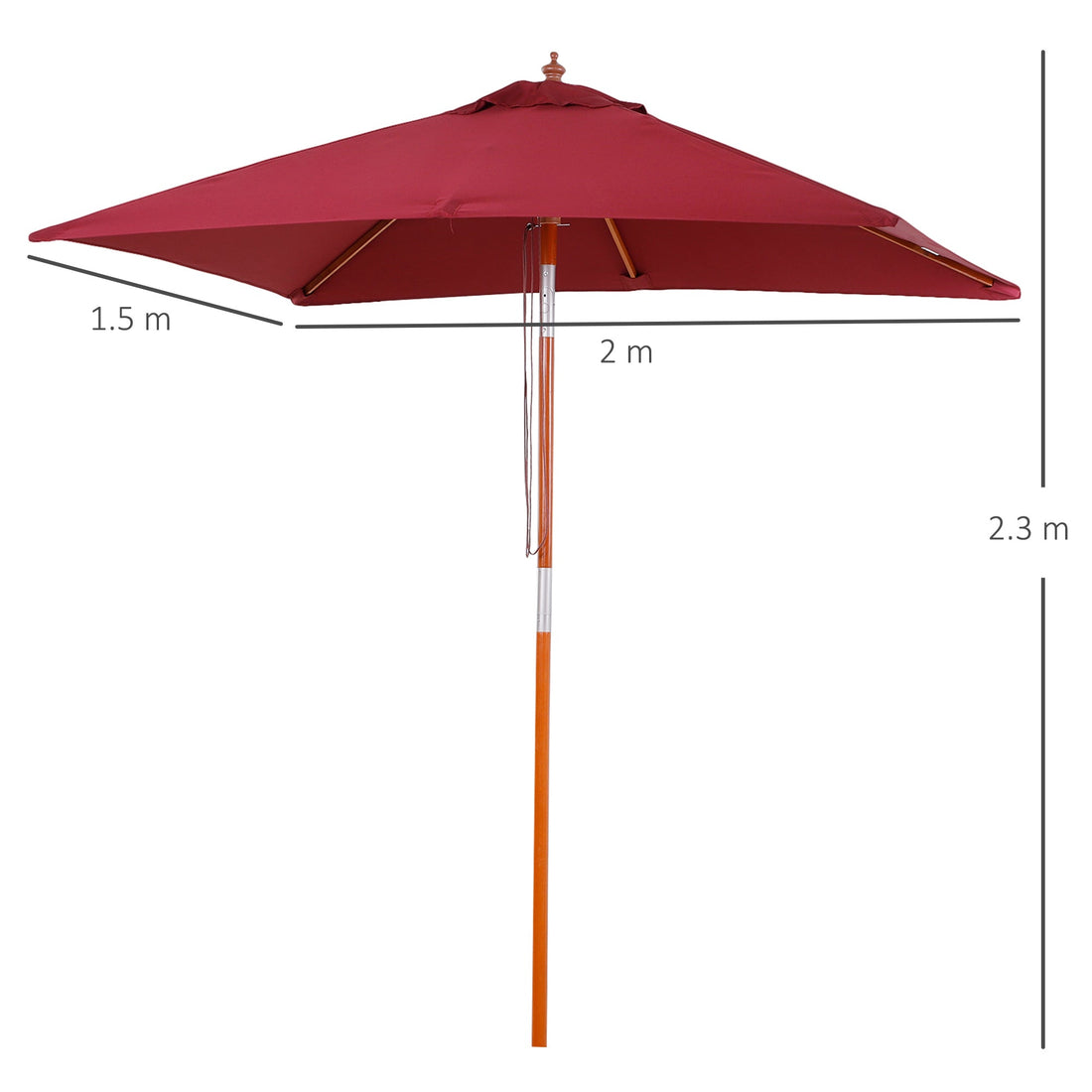 2m x 1.5m Garden Parasol Umbrella with Tilting Sunshade Canopy, Outdoor Market Table Umbrella with Wood and Bamboo Frame, Wine Red