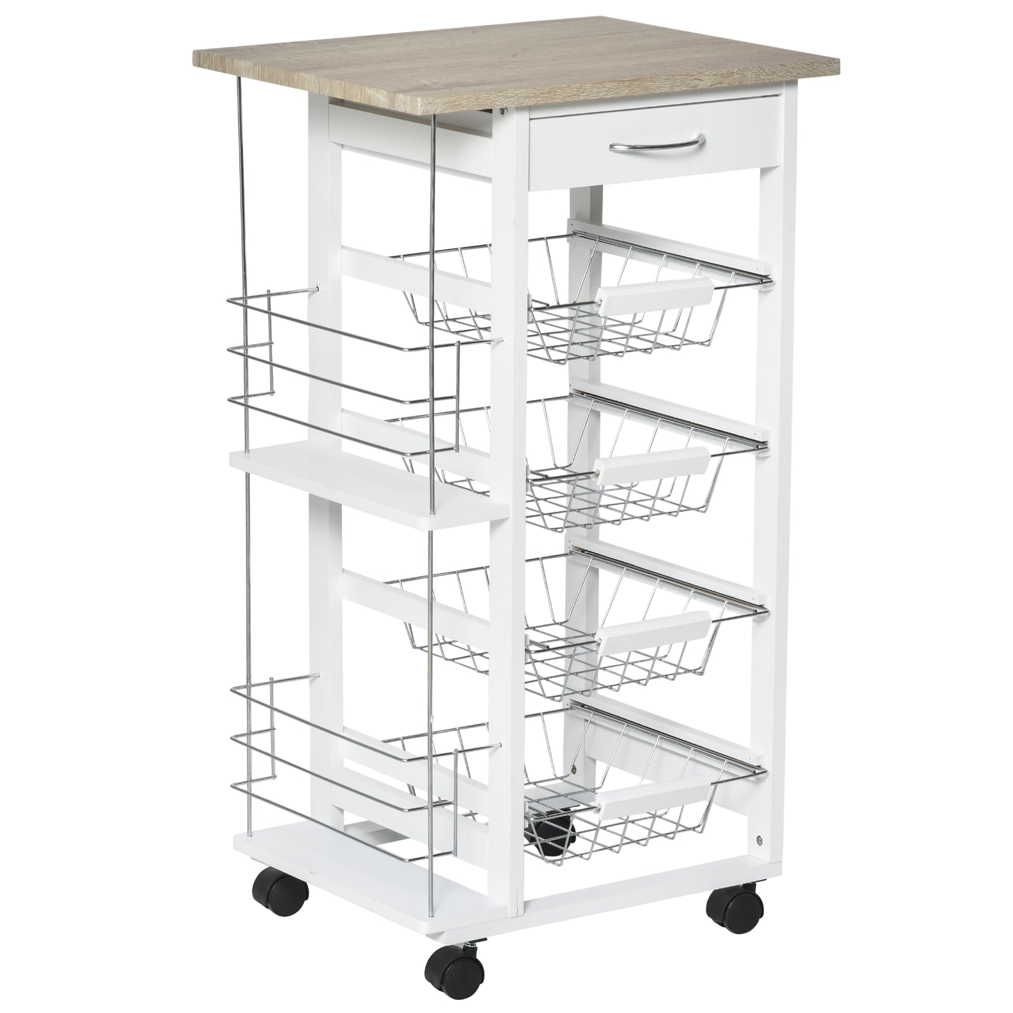 Rolling Kitchen Cart, Utility Storage Cart with 4 Basket Drawers & Side Racks, Wheels for Dining Room, Natural and White
