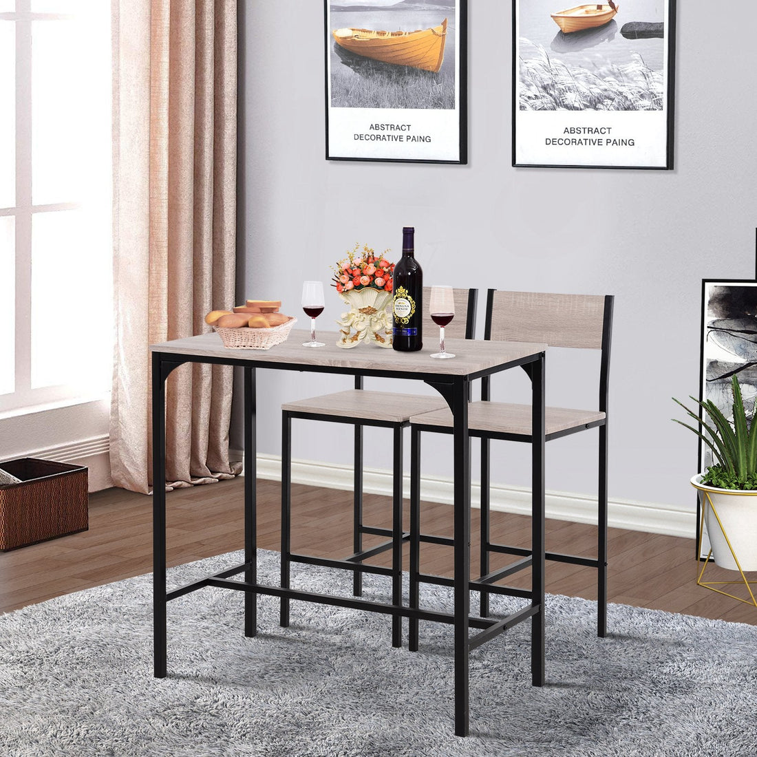 3 Pcs Table Stool Set Industrial Design w/ Metal Frame Oak Tone MDF Panels Minimal Compact Beautiful