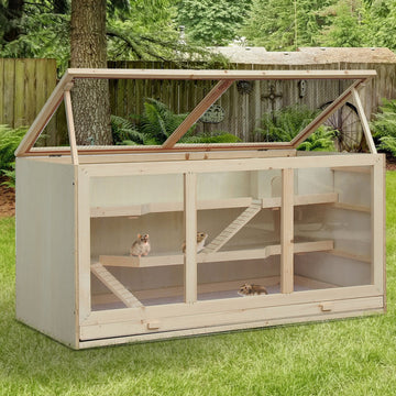 Wooden Hamster Cage, Small Animals Hutch with Tray, Openable Top, Exercise Play House Pen, 115L x 57W x 55Hcm, Natural