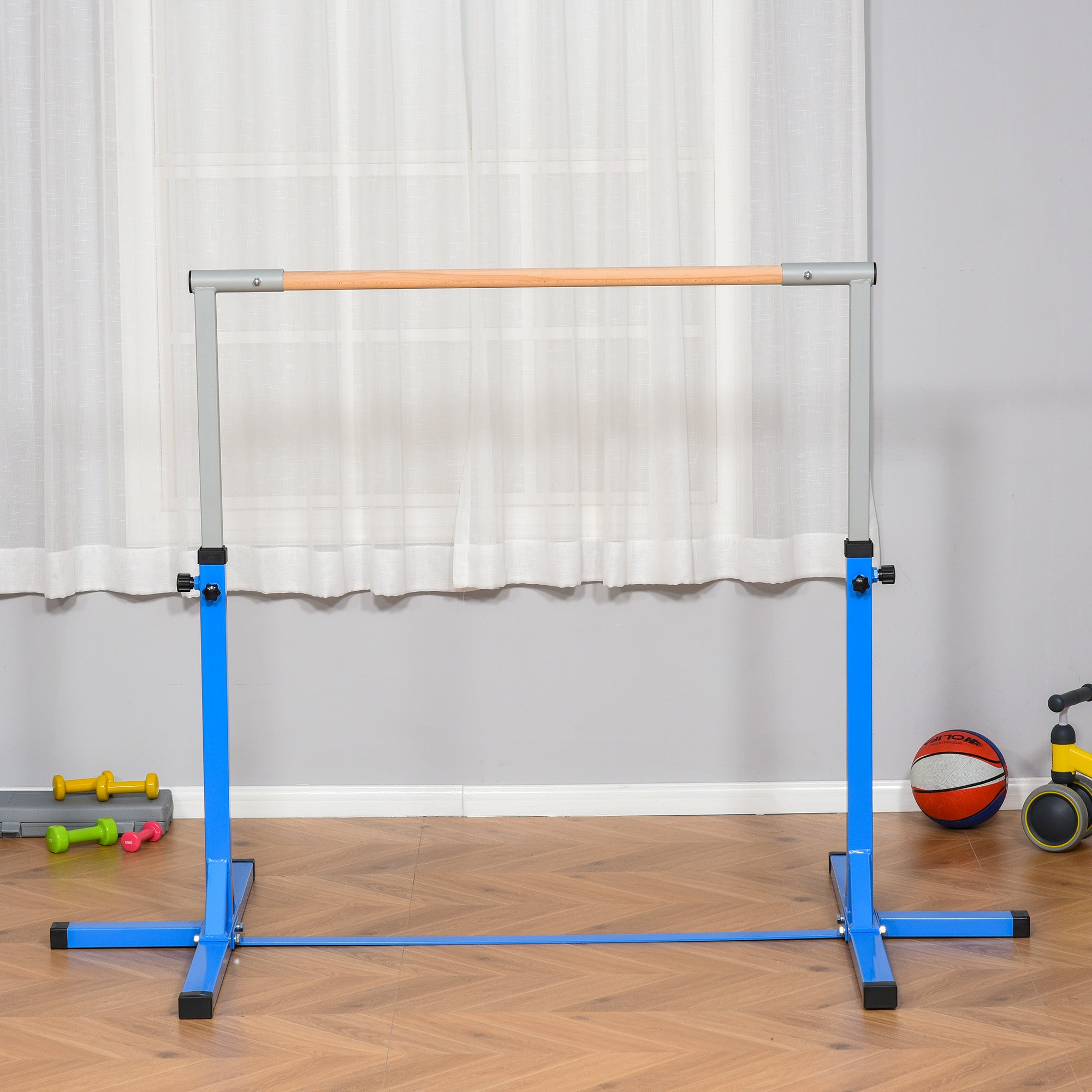 Height Adjustable Gymnastics Horizontal Bar for Kids, Children Junior Kip High Bar Fitness, Blue