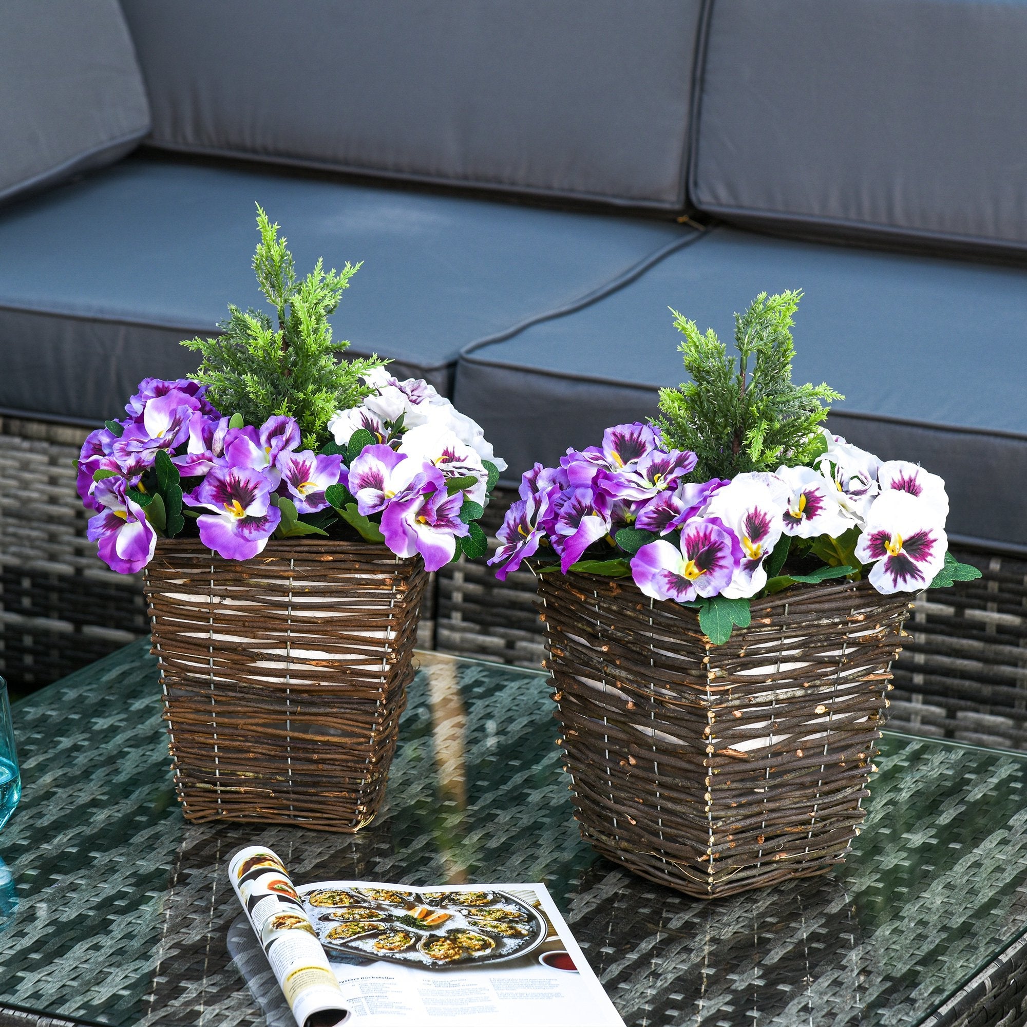 2 Pieces Artificial Phalaenopsis Decorative Plant with Straw Plaiting Pot, Fake Flower, 45cm, White Purple