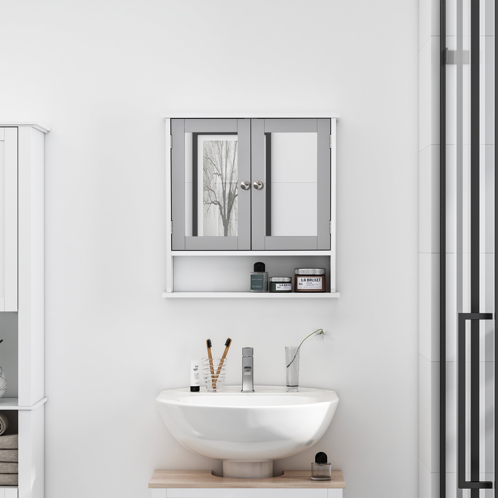 Mirror Cabinet Wall Mounted with Double Mirrored Doors, Hanging Cabinet with Cupboard and Shelf, Bathroom Wall Storage Organizer, Grey
