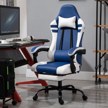 PU Leather Gaming Chair with Headrest, Footrest, Wheels, Adjustable Height, Racing Gamer Chair, Blue White