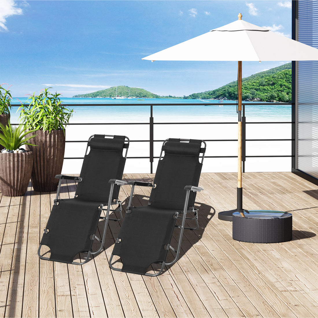 2 Pieces 2 in 1 Sun Lounger Folding Reclining Chair Garden Outdoor Camping Adjustable Back with Pillow, Black