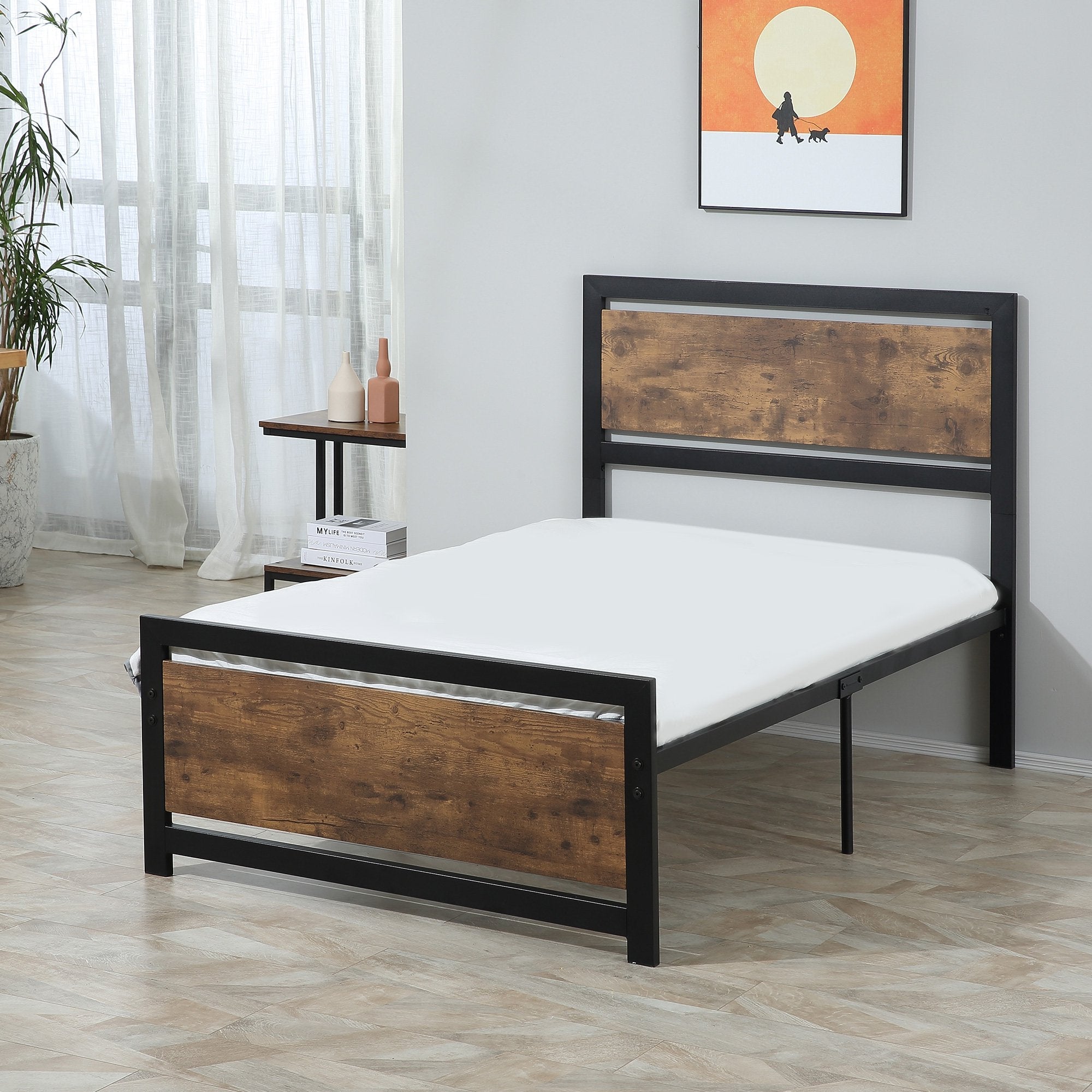 Single Size Metal Bed Frame with Headboard & Footboard, Strong Slat Support Solid Bedstead Base w/ Underbed Storage Space, Bedroom Furniture For Adults