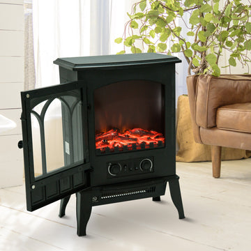 Freestanding Electric Fireplace, Electric Stove Heater with LED Flame Effect, Overheating Safety System, 1000W/2000W Black