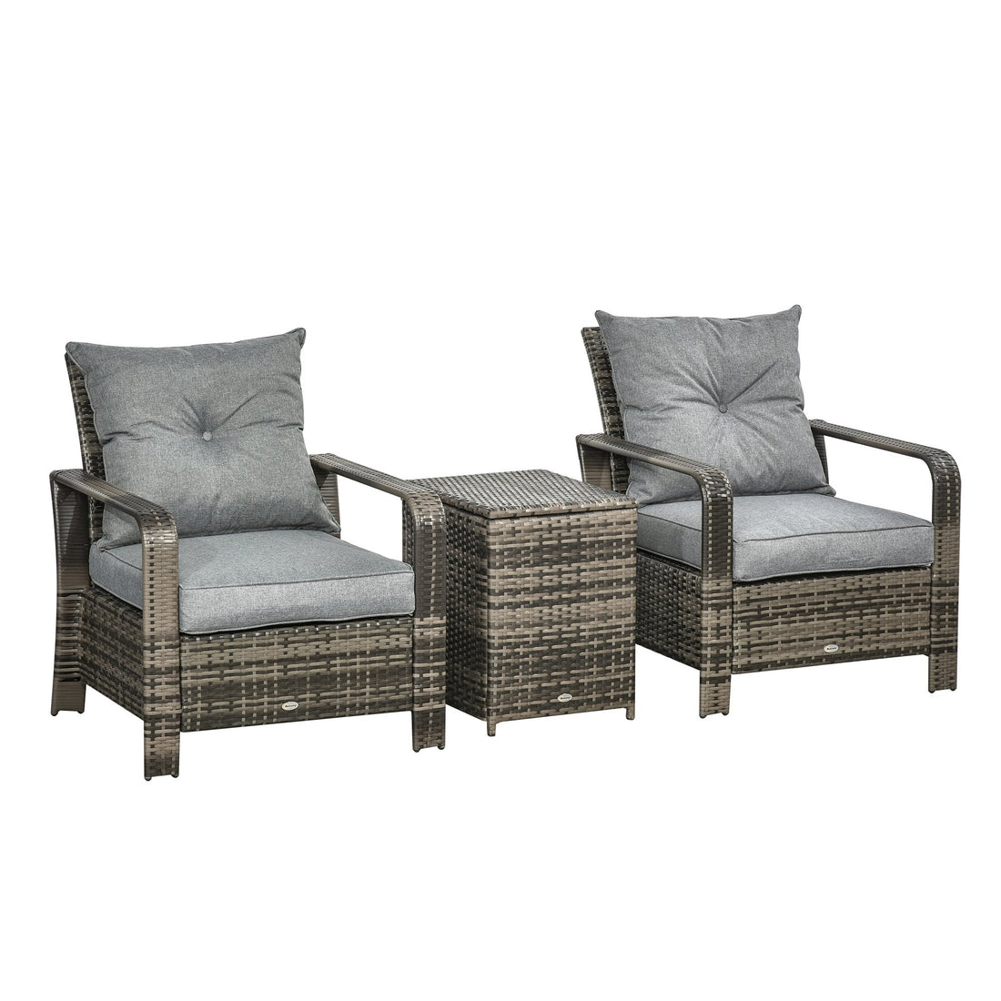 3 Pieces Rattan Bistro Set, Wicker Garden Furniture Set with Storage Coffee Table and Chairs, Thickened Cushions for Outdoor, Patio, Balcony, Grey