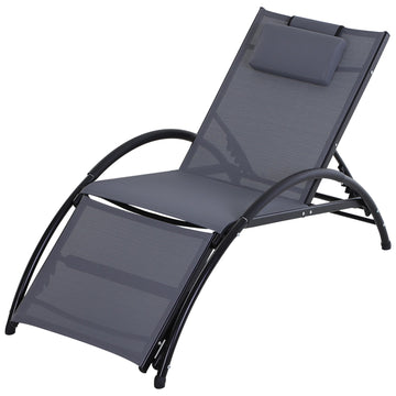 Garden Patio Sun Lounger Half Circle Armrest Adjustable Head Footrest Aluminium Frame Textline Seat &Pillow Garden Outdoor - Grey
