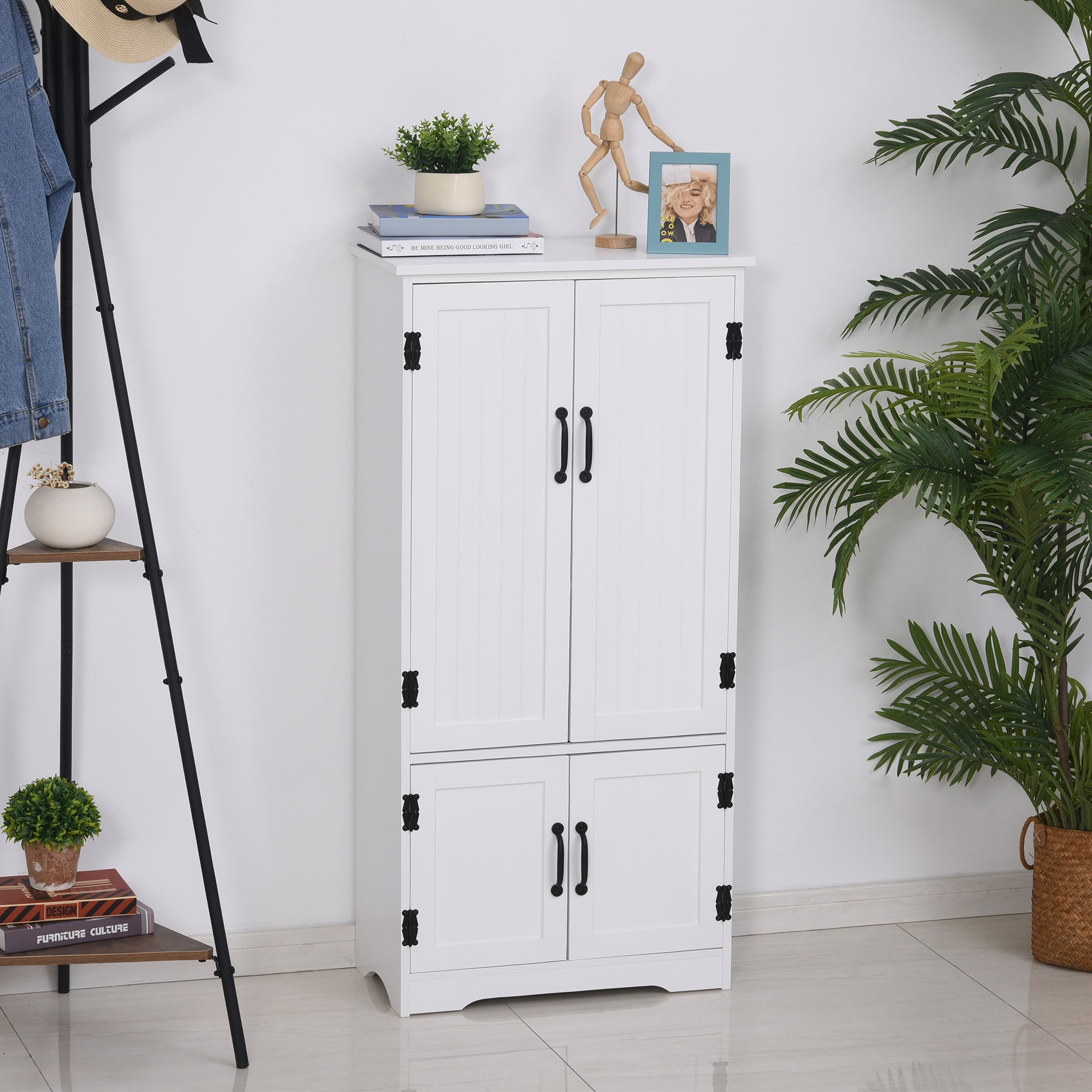 Accent Floor Storage Cabinet Kitchen Cupboard with Adjustable Shelves and 2 Lower Doors, White