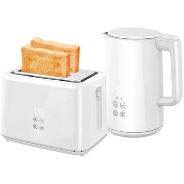 Digital Kettle and Toaster Set, 1.5L 3000W Fast Boil Kettle, 2 Slice Toaster Kitchen Set with 7 Level Browning Controls, Defrost, Reheat, Keep Warm, Crumb Tray and LED Touch Display, White
