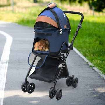 Pet Stroller, 2 in 1 Dog Carrier Foldable Cat Pushchair with 4 Wheels, Adjustable Canopy, Safety Leashes, Storage Basket for Miniature Small Dogs, Blue