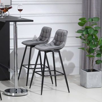 Set of 2 Bar Stools Velvet-Touch Dining Chairs Kitchen Counter Chairs Fabric Upholstered seat with Metal Legs, Backrest, Grey