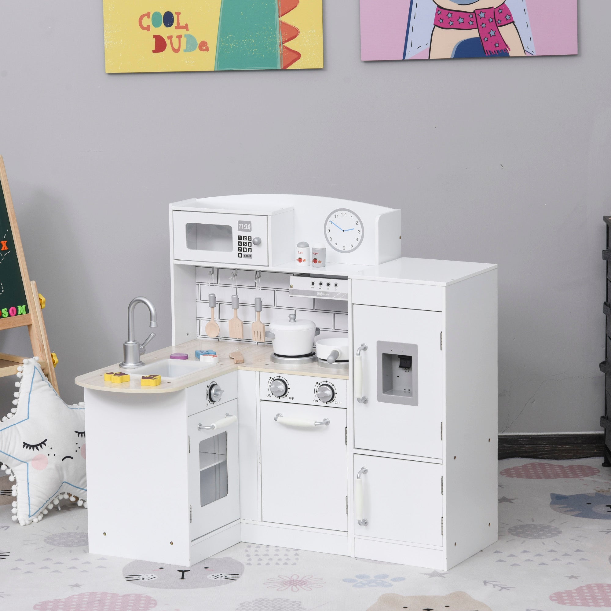 Kids Play Kitchen Wooden Toy Kitchen Cooking Set for Children with Drinking Fountain, Microwave, and Fridge White
