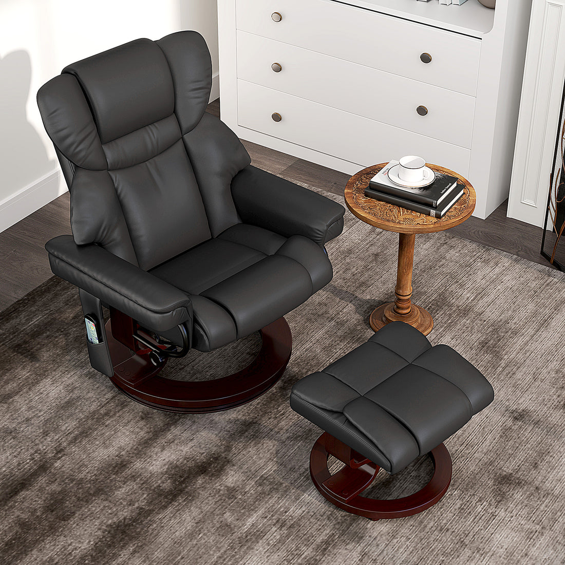 Massage Recliner Chair with Footstool, Upholstered Reclining Armchair with Adjustable Backrest, Steel Frame and Wood Base, Swivel Chair for Living Room, Bedroom, Black