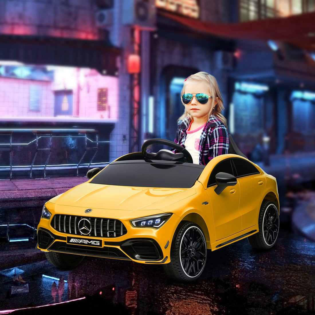 Mercedes-Benz AMG CLA 45 Licensed 12V Kids Electric Car Ride on Car w/ Remote, Suspension Lights Music Horn - Yellow