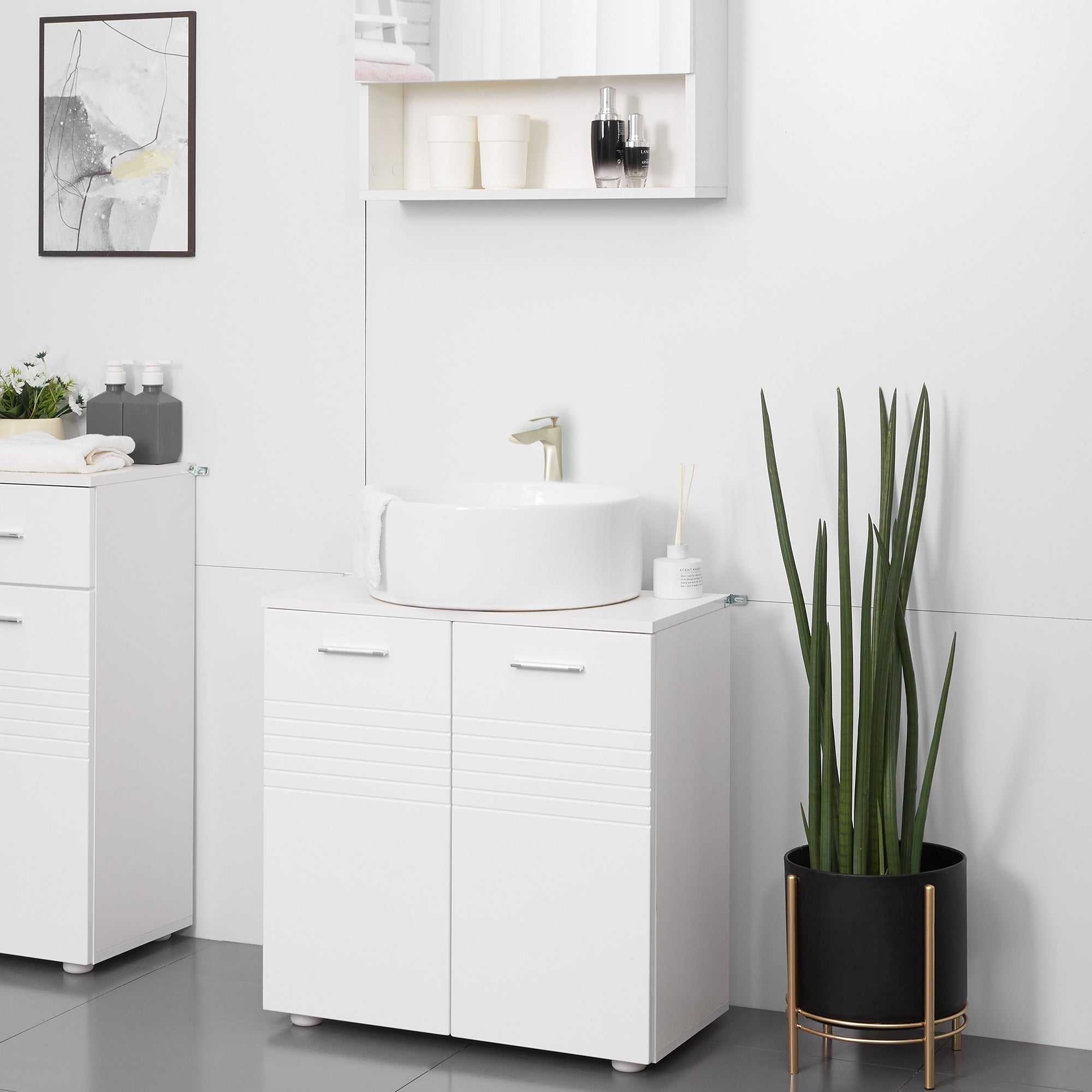 Under Sink Cabinet, Bathroom Vanity Unit, Pedestal Under Sink Design, Storage Cupboard with Adjustable Shelf, High Gloss, White