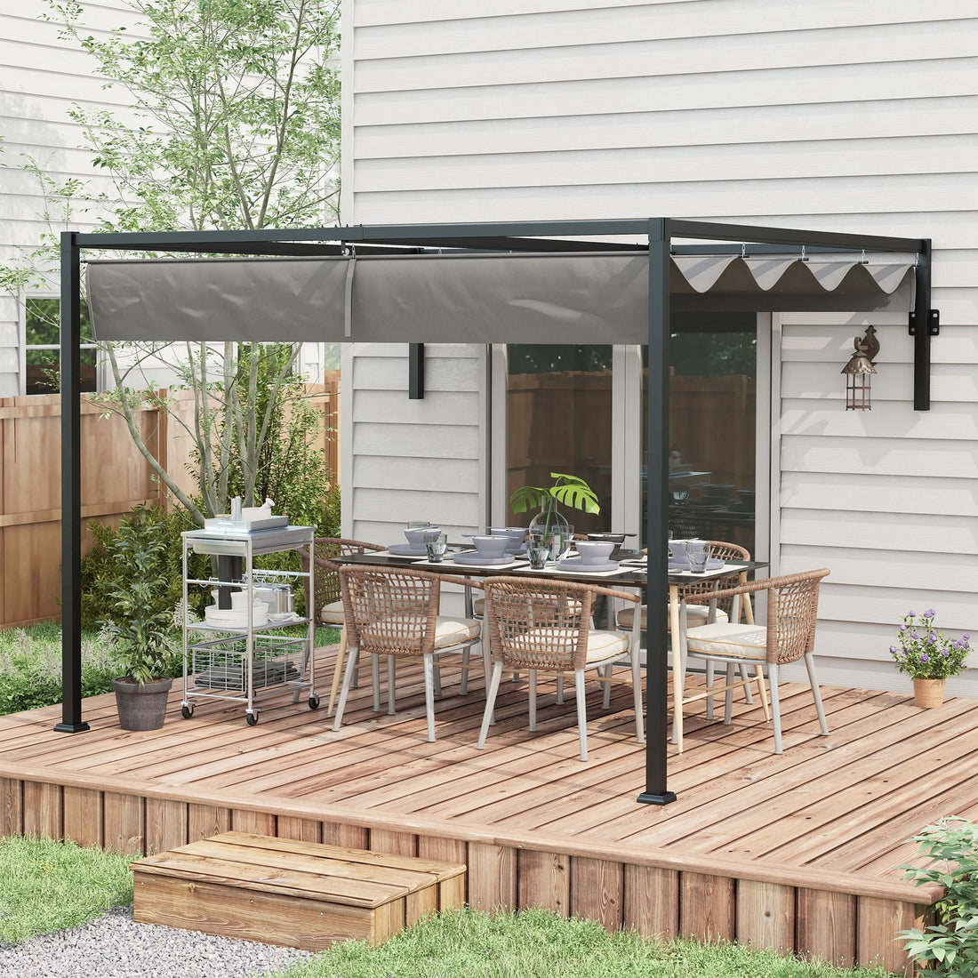 2 x 3(m) Lean To Steel Pergola, with Moving Fabric Canopy - Dark Grey