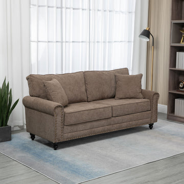 3 Seater Sofas for Living Room, Fabric Sofa with Nailhead Trim, Cushions and Pillows, Brown