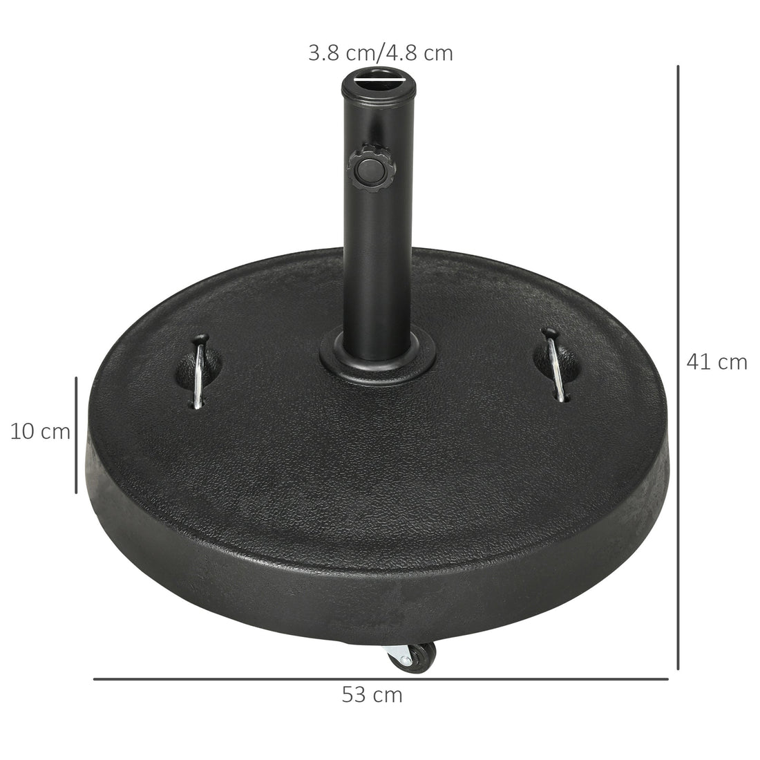 23.5kg Resin Garden Parasol Base with Wheels and Retractable Handles, Round Outdoor Market Umbrella Stand Weight for Poles of Φ38mm to Φ48mm, Black