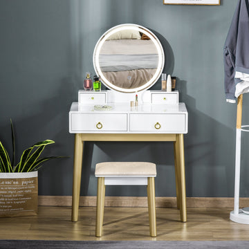 Dressing Table Set with Mirror, Built-in 3 Color LED Light, Vanity Makeup Table with 4 Drawers and Cushioned Stool for Bedroom, White