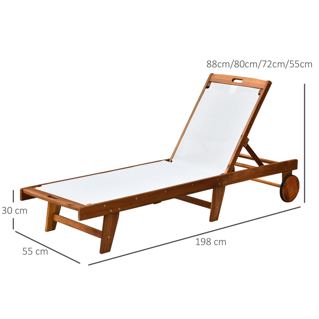 Outdoor Acacia Wood Texteline Beach Sun Lounger Garden Patio Sunbed Recliner Chaise Adjustable Backrest with Wheels