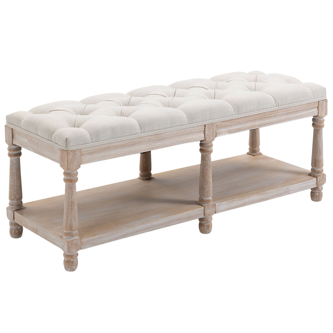 2-Tier Bed End Bench, Vintage Stool, Wooden Window Seat with Storage Shelf, Button Tufted Upholstered Footstool for Living Room, Bedroom, Entryway, Cream White