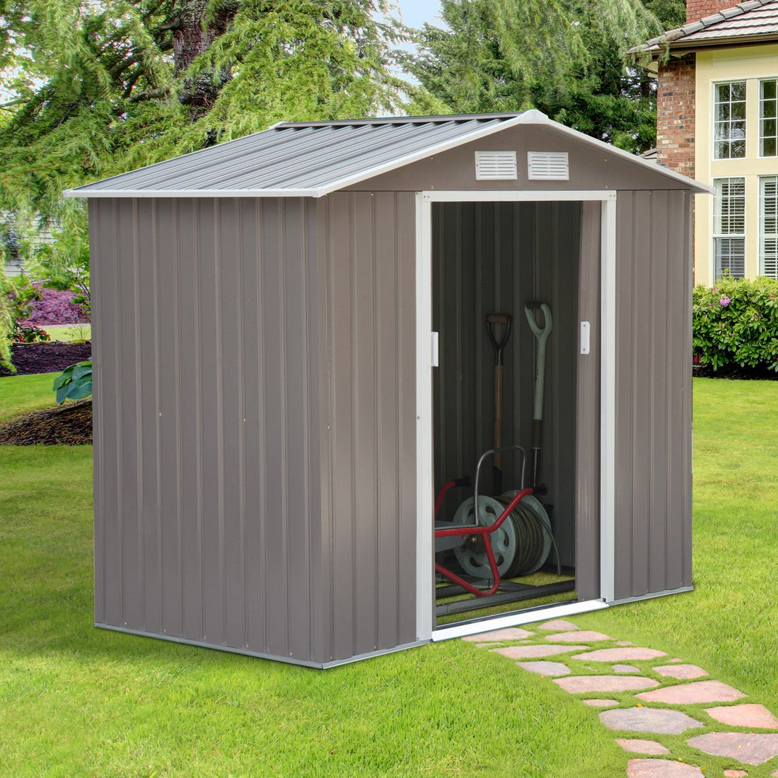 7ft x 4ft Lockable Garden Metal Storage Shed Storage Roofed Tool Metal Shed w/ Air Vents Steel Grey