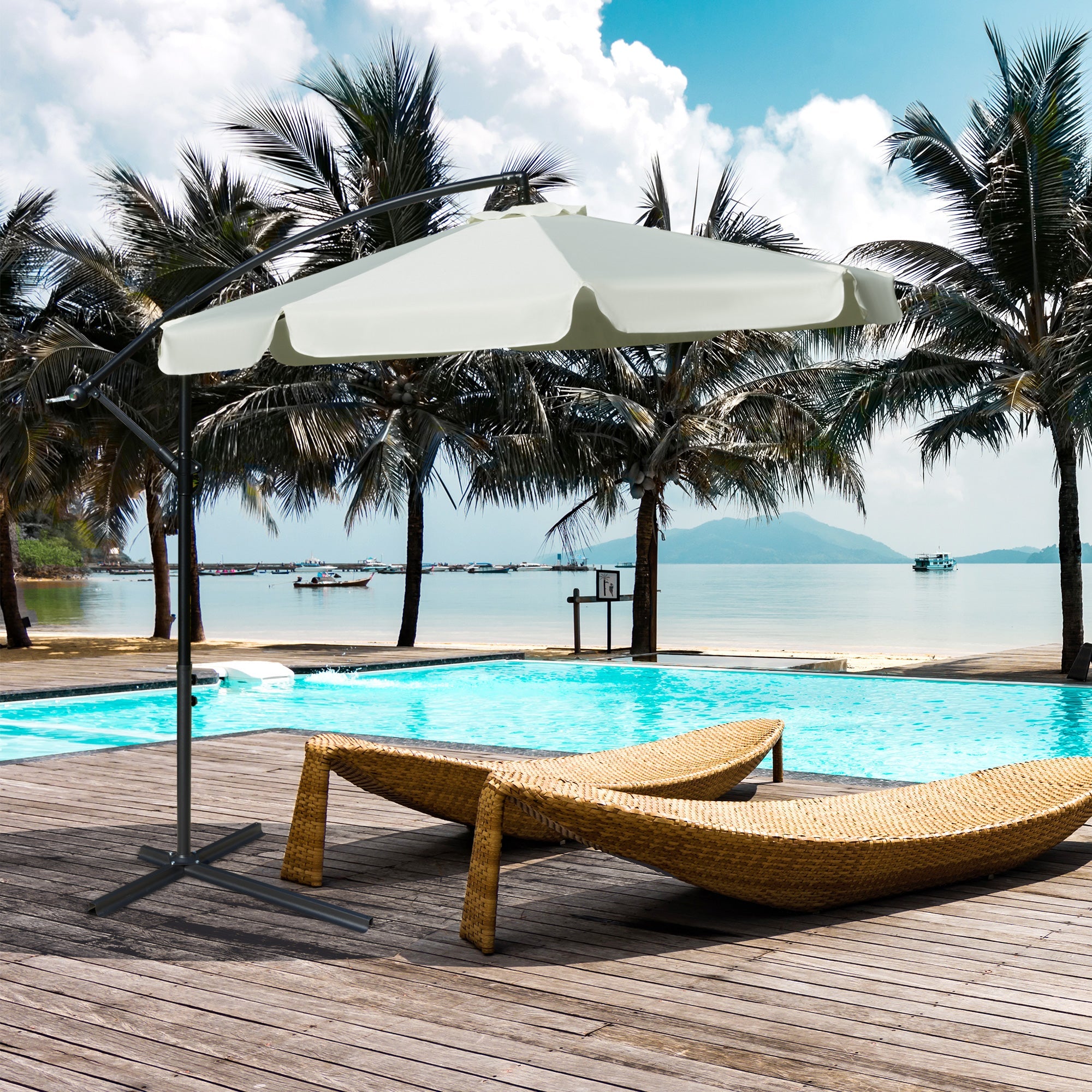 2.7m Garden Banana Parasol Cantilever Umbrella with Crank Handle and Cross Base for Outdoor, Hanging Sun Shade, Cream White