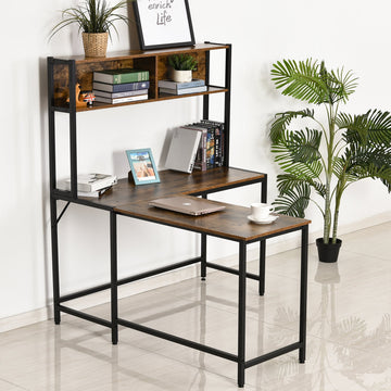 Reversible L Shaped Desk with Hutch, Industrial Computer Desk, Corner Desk with Storage Compartments and Steel Frame for Home Office, Study, 140 x 125cm, Brown